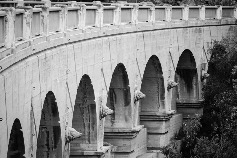 Monochrome photo of a historic concrete bridge with arches and decorative details in Los Angeles.