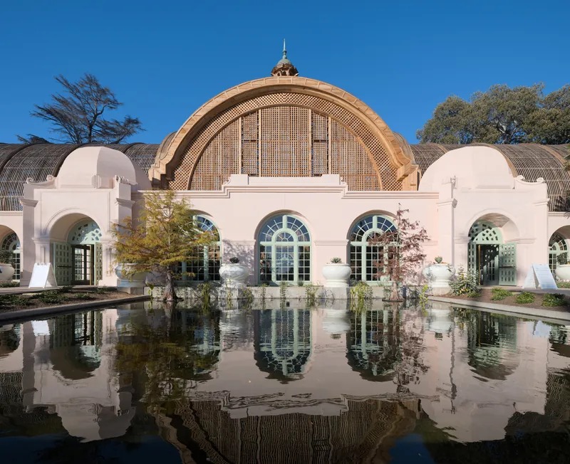 Close up view of the Botanical Building in Balboa Park, San Diego. The building reopened shortly before this photo was taken, after a two-year restoration process.