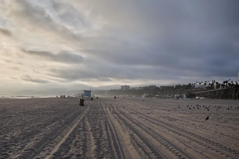 Overcast skies over Santa Monica Beach with seagulls and lifeguard tower.