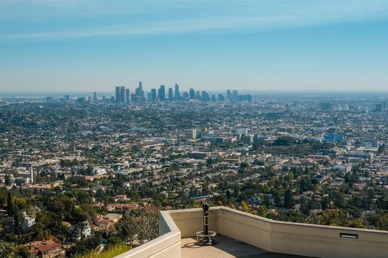 A scenic view of downtown Los Angeles skyline from Griffith Observatory.