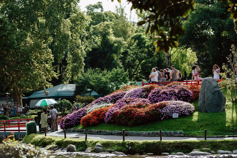 A vibrant Japanese garden with blooming flowers and people enjoying the scenery in summer.