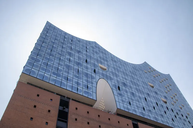 Stunning low-angle view of the Elbphilharmonie building in Hamburg, Germany.