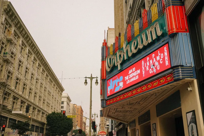Vintage Orpheum Theatre marquee in downtown Los Angeles, capturing urban architectural charm.