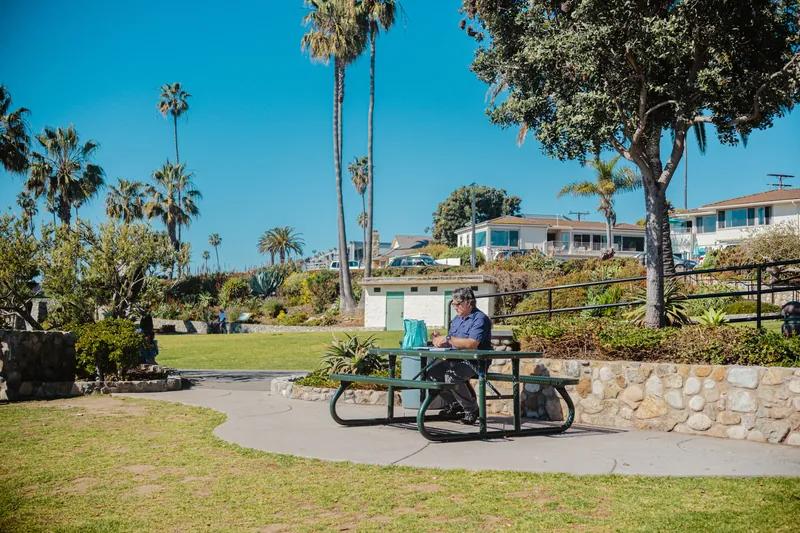 Man sitting at picnic table in a sunny Laguna Beach park with palm trees.