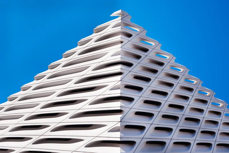 Close-up view of The Broad's unique facade in Los Angeles displaying modern architectural design.