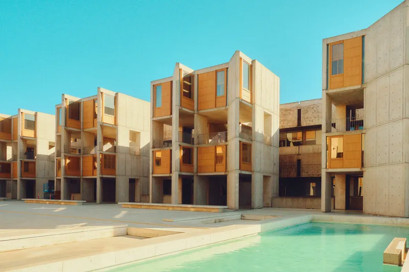 Stunning view of the Salk Institute showcasing brutalist design under clear skies.
