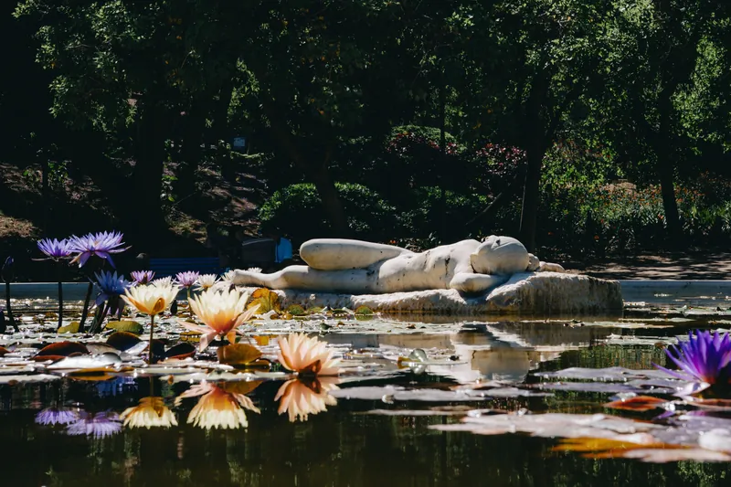 Peaceful garden scene with statue and lilies reflecting on a pond in Benalmádena, Spain.