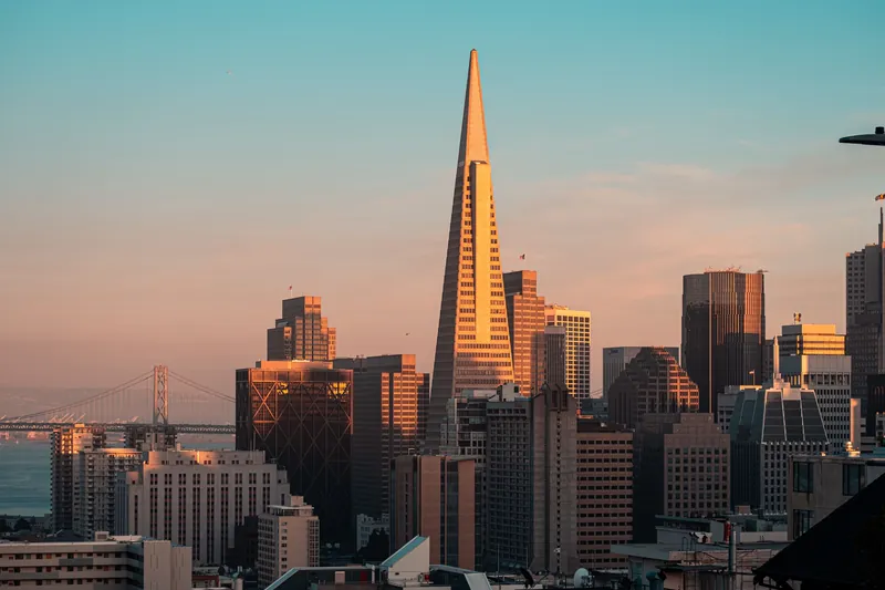 Captured at sunset, the Transamerica Pyramid defines San Francisco's iconic skyline.
