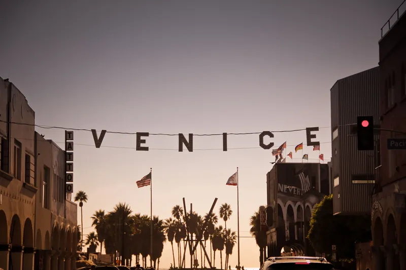 Dramatic view of Venice Beach lettering and palm trees at sunset with flags and buildings.